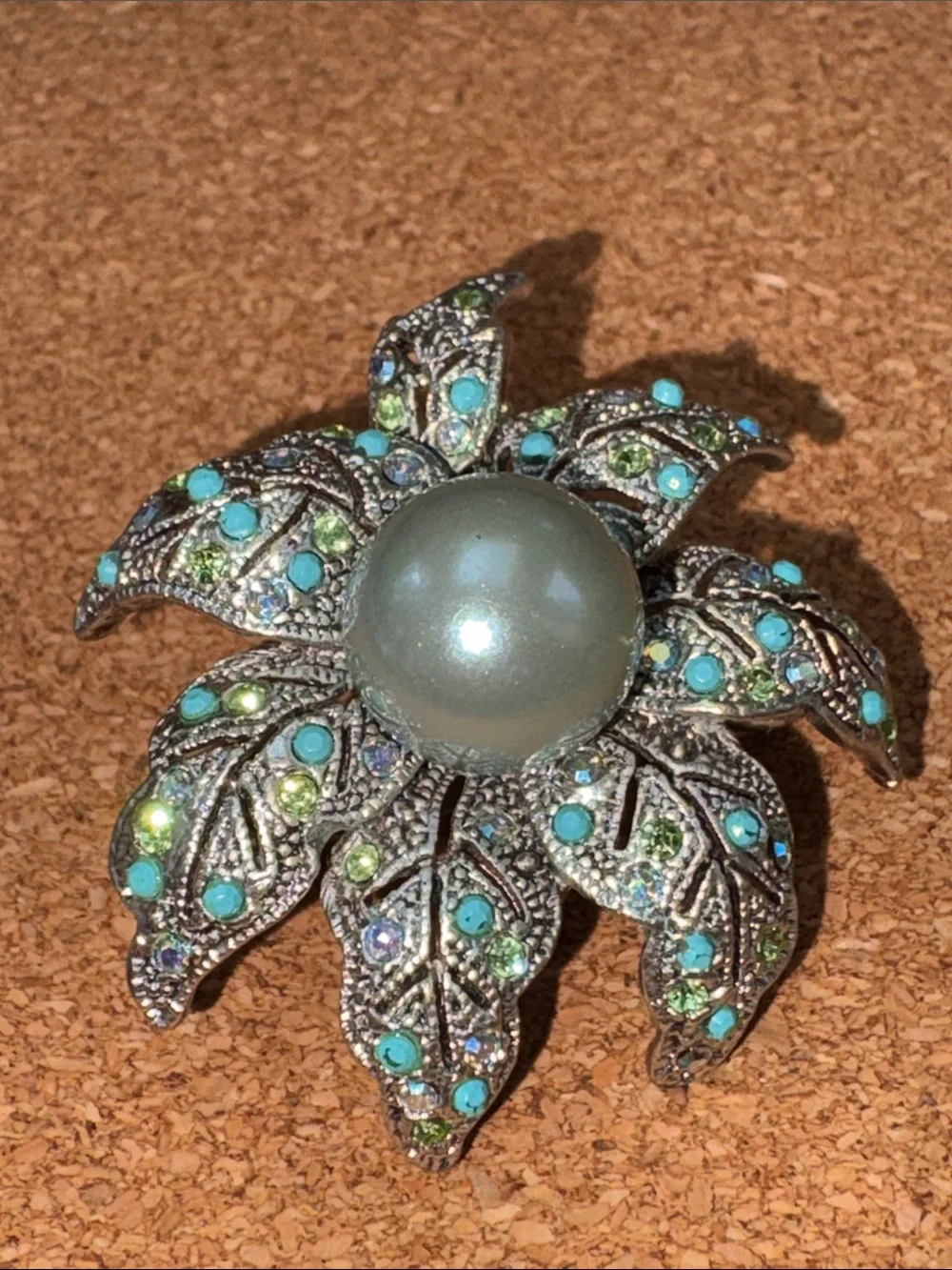 Pearl-Center Floral Brooch with Teal Crystal Accents